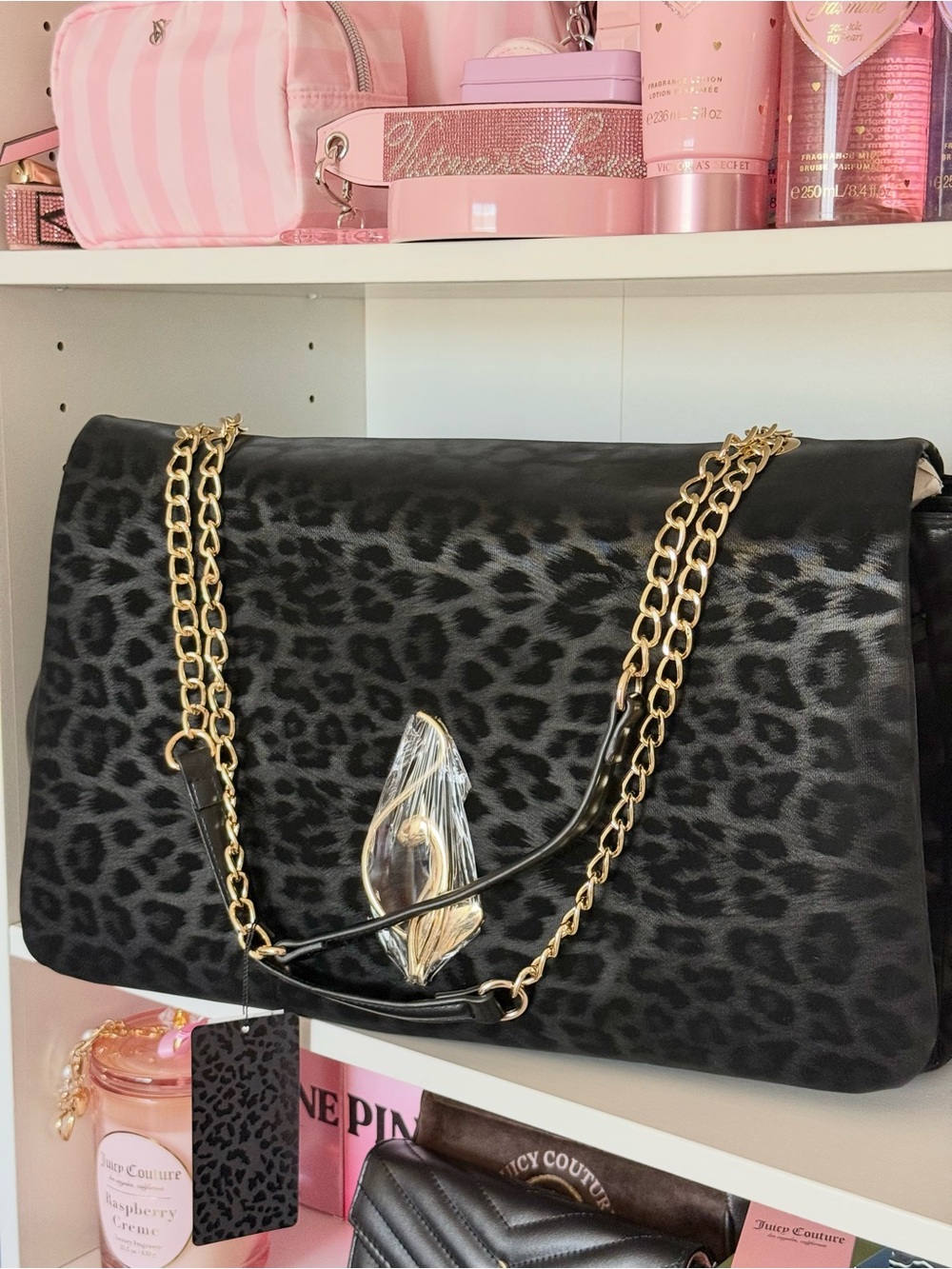 Baby Phat Black Leopard-Print Large Shoulder Tote with Gold Accent - Picture 4 of 5